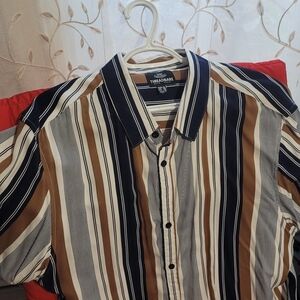 Threadbare Men’s Casual Striped Button-Down Shirt - Navy & Brown